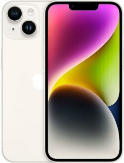Teléfono móvil iPhone 14 de color blanco.