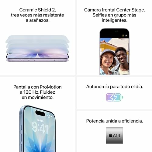 Resumen de características del iPhone, incluyendo resistencia, cámara frontal, pantalla y autonomía.