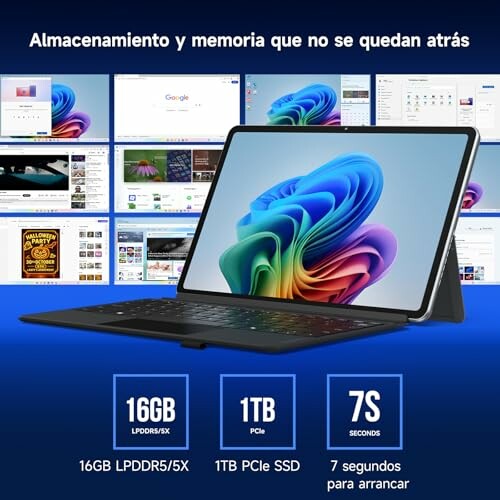 Dispositivo híbrido con especificaciones de almacenamiento y memoria.