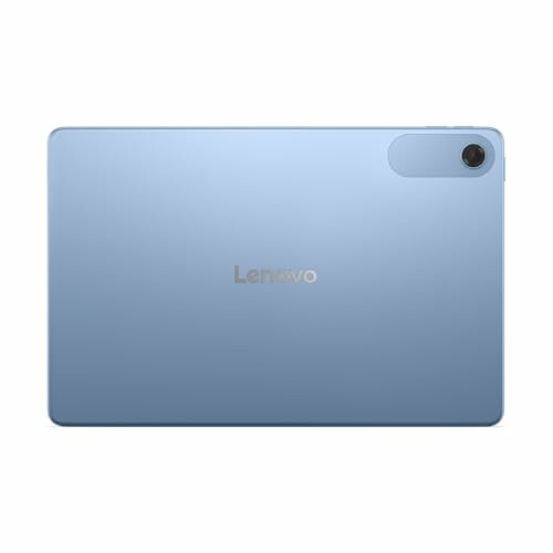 Vista trasera de una tableta Lenovo azul.