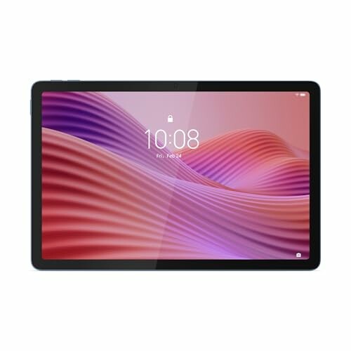 Pantalla de tableta moderna con fondo ondulado.