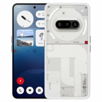 Teléfono inteligente con diseño transparente y pantalla de inicio.