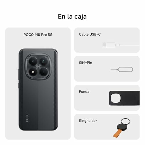 Contenido de la caja del POCO M8 Pro 5G, incluye cable USB-C, pin SIM, funda y soporte para anillos.