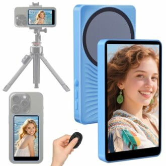 Dispositivo portátil para fotos con control remoto y soporte.