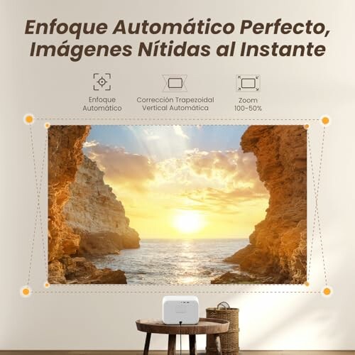 Proyector mostrando imagen de un atardecer entre acantilados.