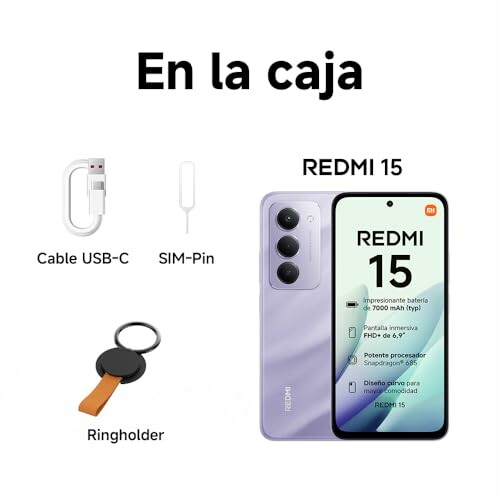 Contenido de la caja del Redmi 15 incluyendo cable USB-C, pin SIM y soporte para anillo.
