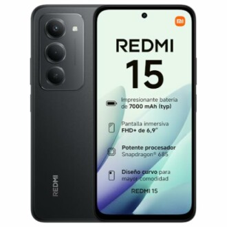 Teléfono inteligente Redmi 15 con pantalla y características destacadas.