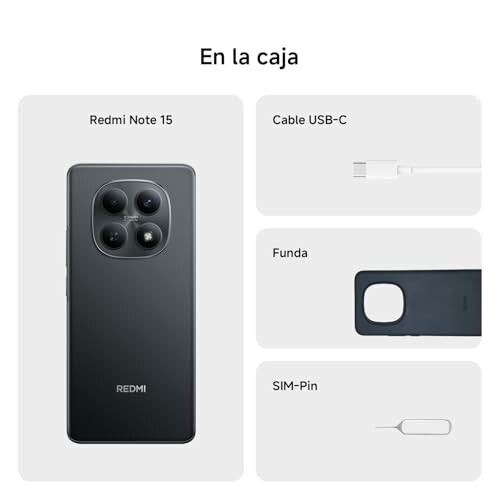 Contenido de la caja del Redmi Note 15 con teléfono, cable USB-C, funda y pin SIM.