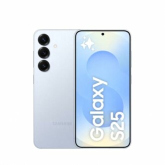 Teléfono inteligente Samsung Galaxy S25 en color blanco, vista frontal y trasera.