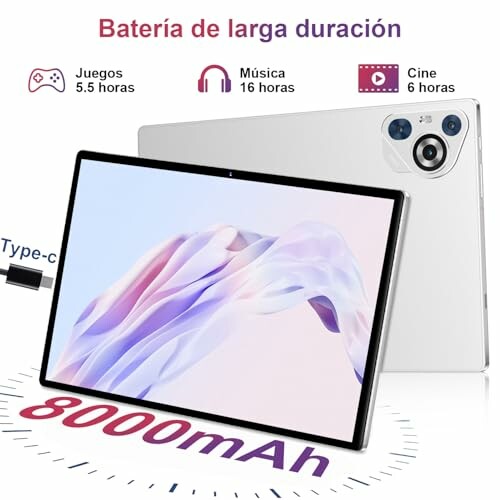 Tablet con batería de larga duración de 8000mAh.