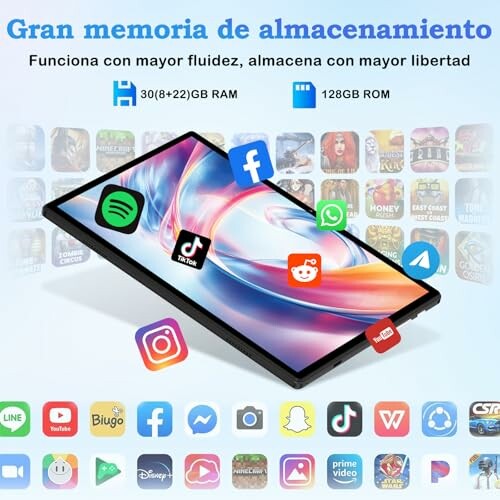 Tableta con aplicaciones populares y gran memoria de almacenamiento.