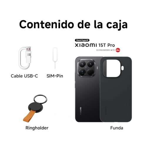 Contenido de la caja del Xiaomi 15T Pro con cable USB-C, pin SIM, ringholder y funda.